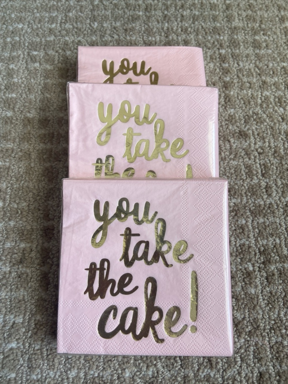 Bundle of‎ 3 Pink 'You Take The Cake' Decorative Party Napkins with Gold Foil
